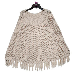 Homemade Crocheted Poncho Sweater OS Women Oatmeal‎ Cream Open Knit Handmade